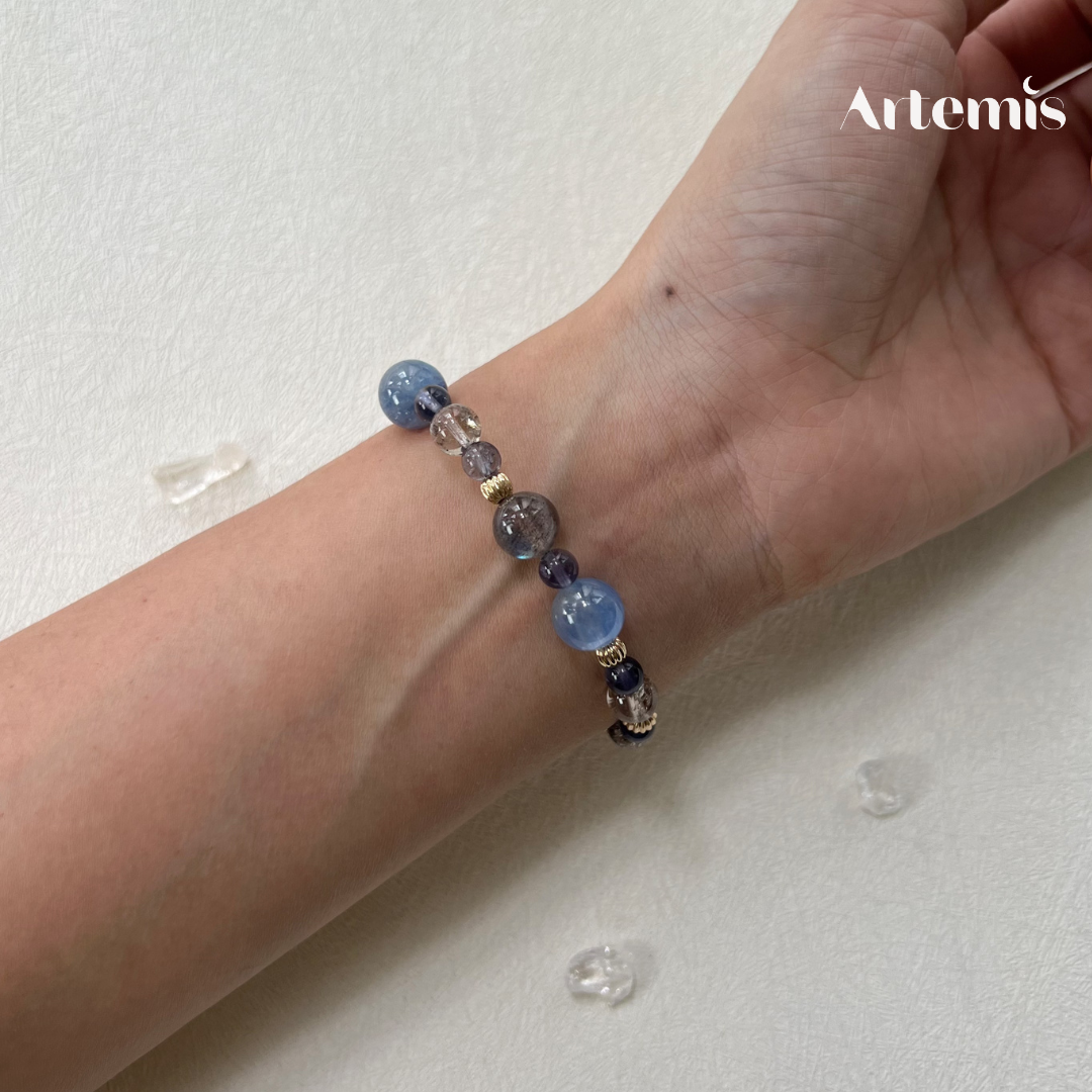 堇青石藍晶灰月光石茶阿賽18K包金水晶手鏈