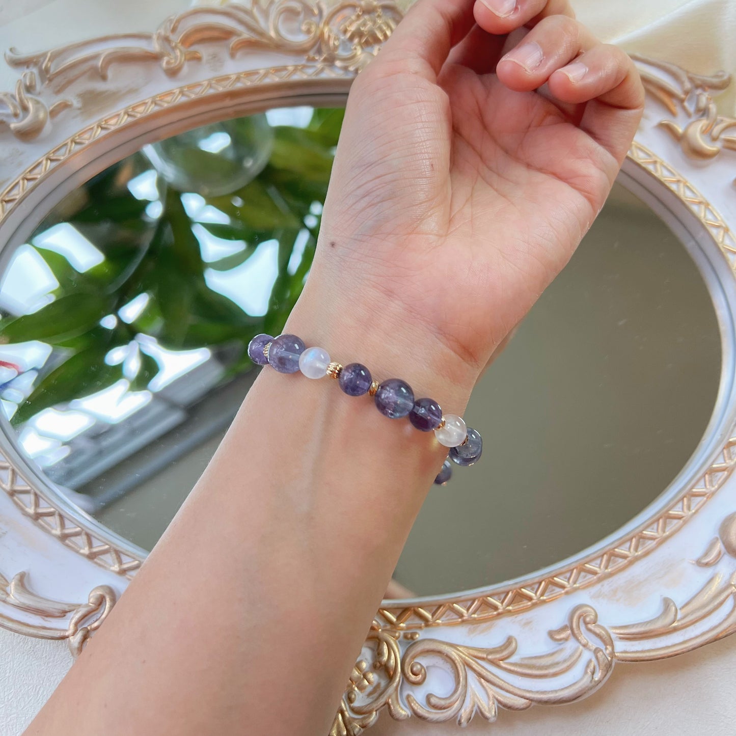 藍月亮石漸變螢石18k包金水晶手鏈