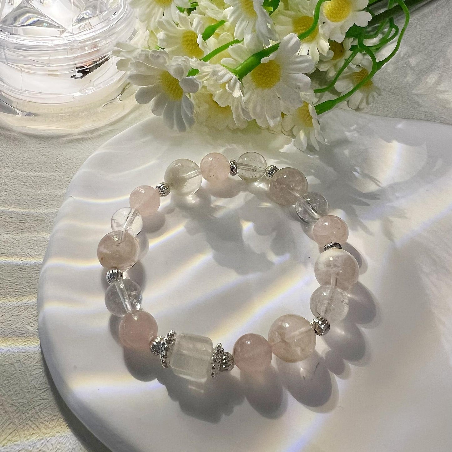 雪花幽靈藍針白阿賽馬粉晶水晶手鏈